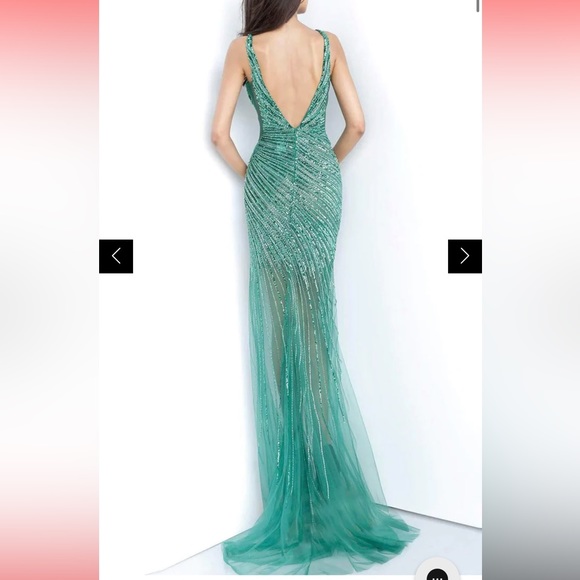 Jovani - 63405 Asymmetrical Beaded Illusion High Slit Gown Emerald - Picture 6 of 6